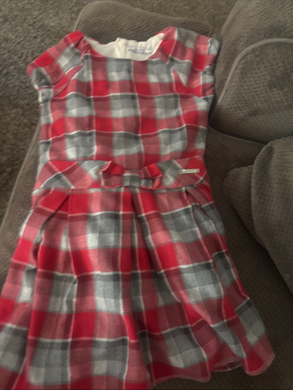 Mayoral Red and Gray Plaid Bow-Accent Girls' Dress size 4